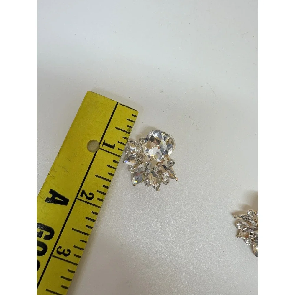 Gold Tone Clear Crystal Cluster Fan Statement Stud Earrings